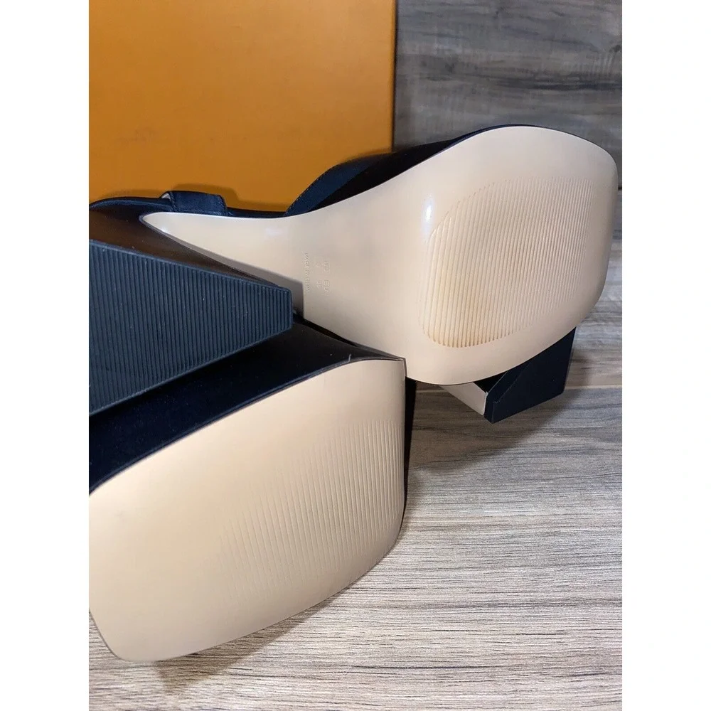 Women Platform‎ Chunky Sling back Satin Heels, Sz 8
